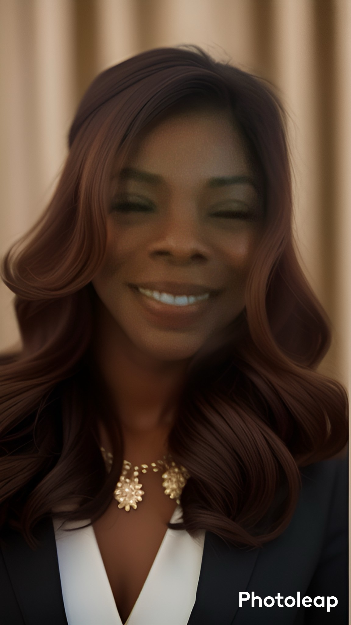Woman with long wavy hair smiling, wearing a necklace and dark clothing, in front of a curtain background.