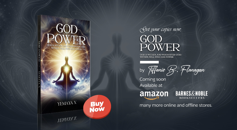Book cover titled 'God Power' with a person meditating and glowing light, and a promotional message on a dark background.