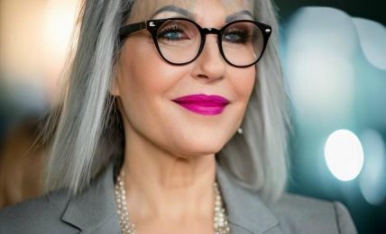 A woman with gray hair, glasses, and bright pink lipstick, wearing a gray blazer and pearl necklace, smiling.