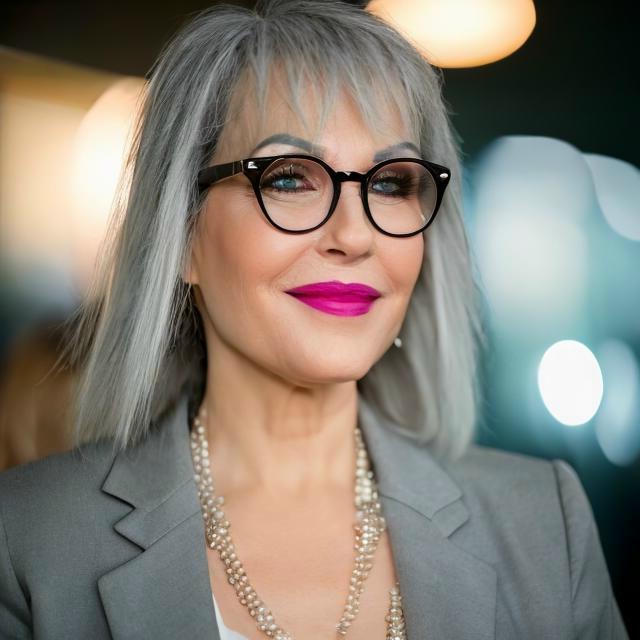 A woman with gray hair, glasses, and bright pink lipstick, wearing a gray blazer and pearl necklace, smiling.