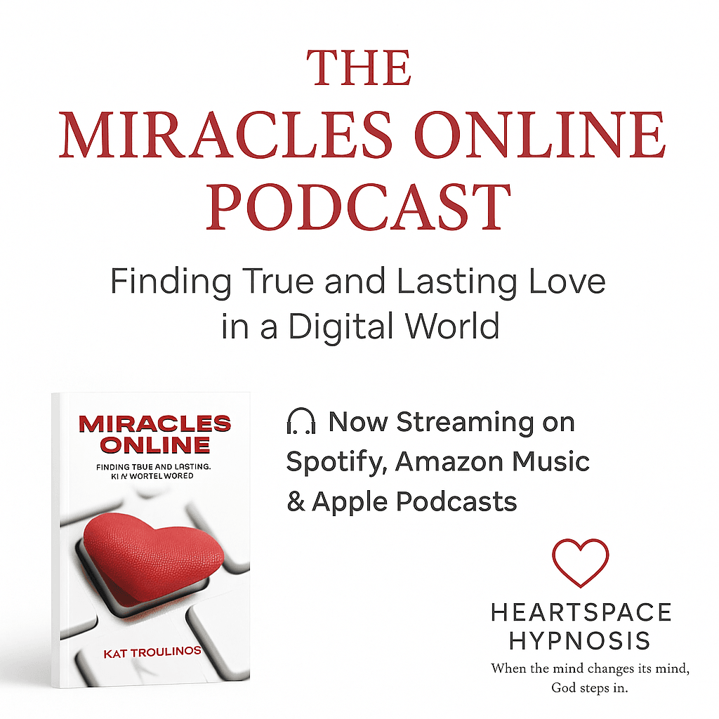 Podcast cover with red heart-shaped chair, title 'The Miracles Online Podcast,' and streaming platforms listed.