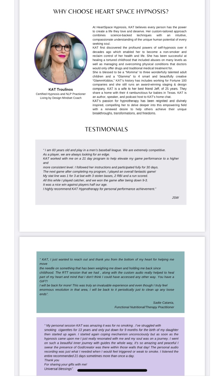 Document with a photo of a woman, testimonial quotes, and text about heart space hypnosis, with a white background.
