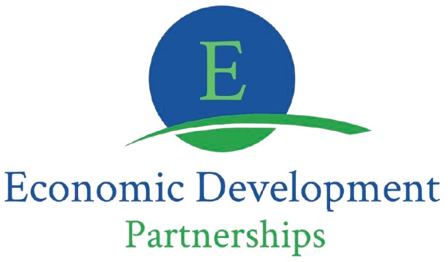 Logo with a blue circle, green letter E, green curved line, and text 'Economic Development Partnerships'.