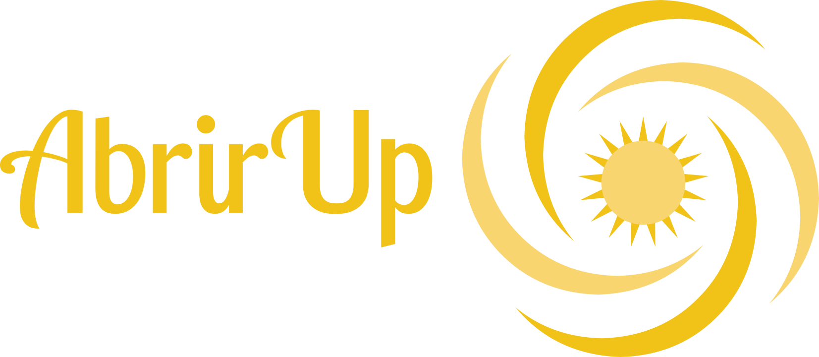 Logo with the text 'Abrir Up' and a stylized sun and swirl design, gold on black background.