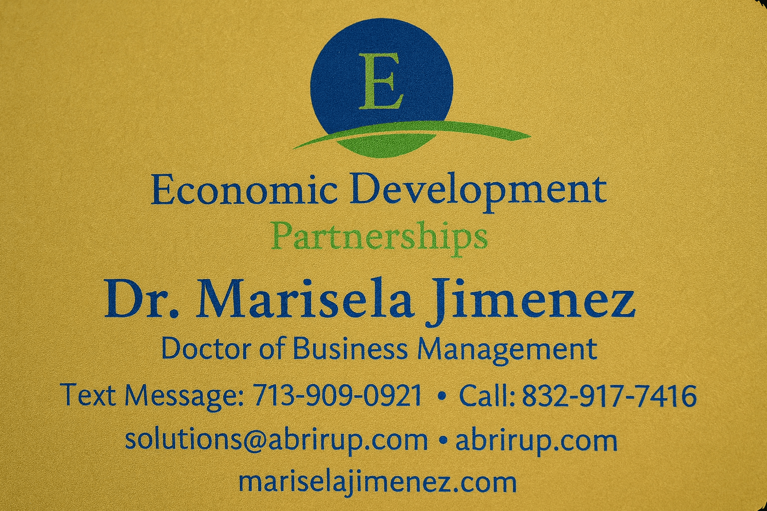 Text on a yellow background with a blue and green logo, displaying information about economic development and partnerships.
