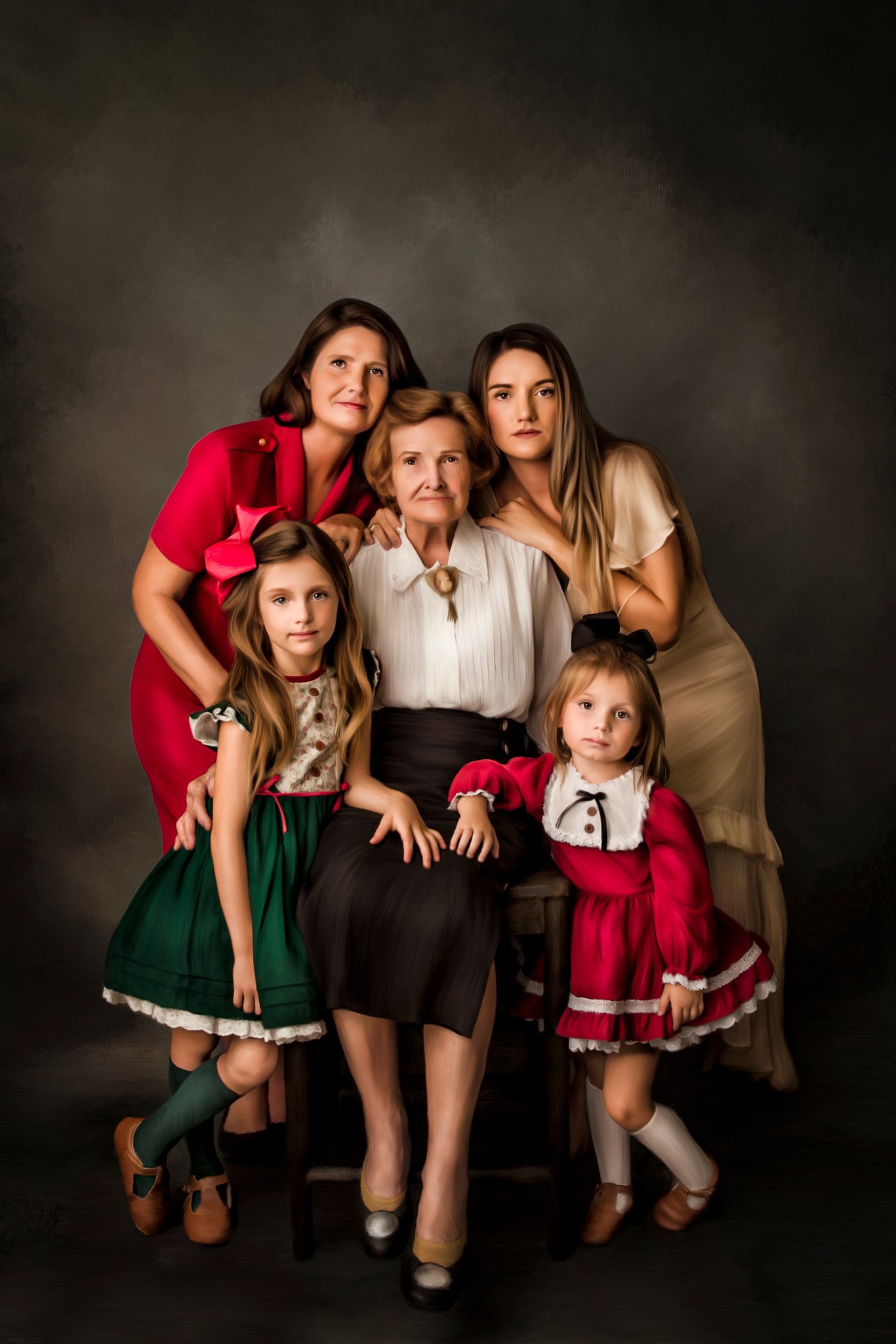 Group of five women and girls posing together, some sitting and some standing, against a dark background.