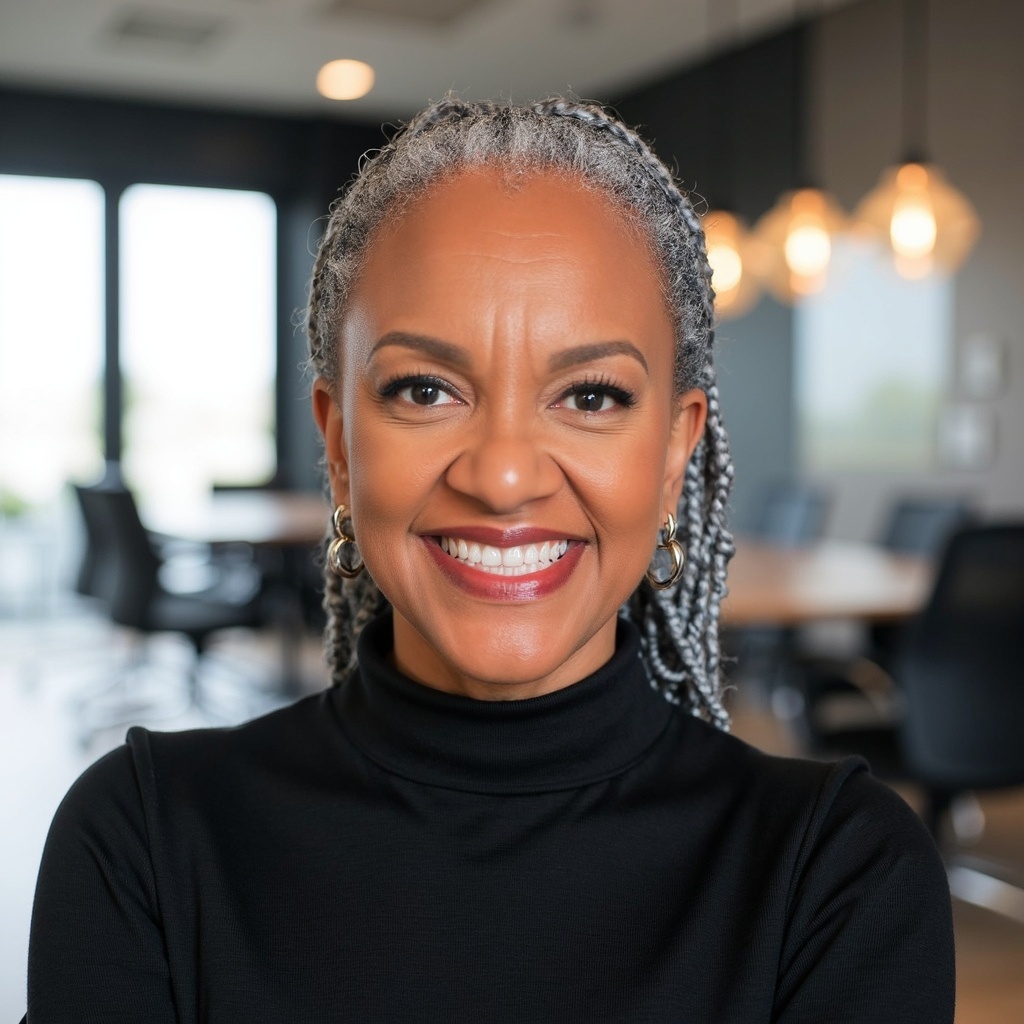 Smiling woman with gray hair styled in braids, wearing a black turtleneck, in a modern office setting with large windows and hanging lights.