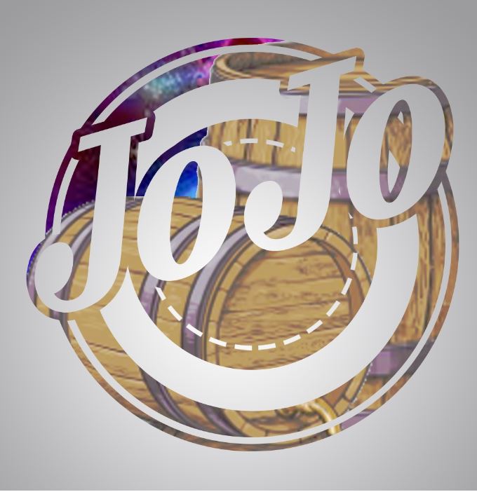 Logo with the word 'JoJo' over a wooden background and a circular design, including a galaxy element at the top.