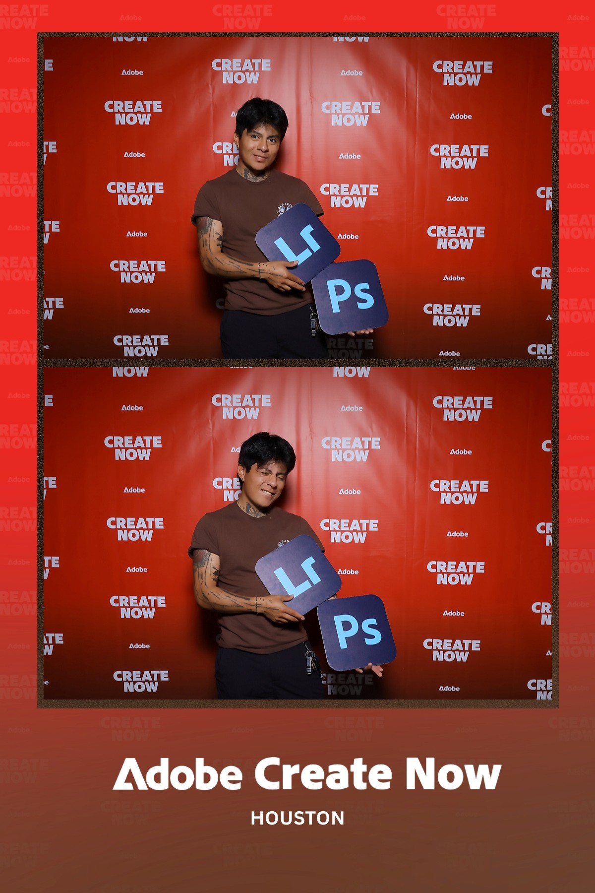 Person holding Adobe Creative Cloud and Photoshop logos in front of a red backdrop with white text, smiling.