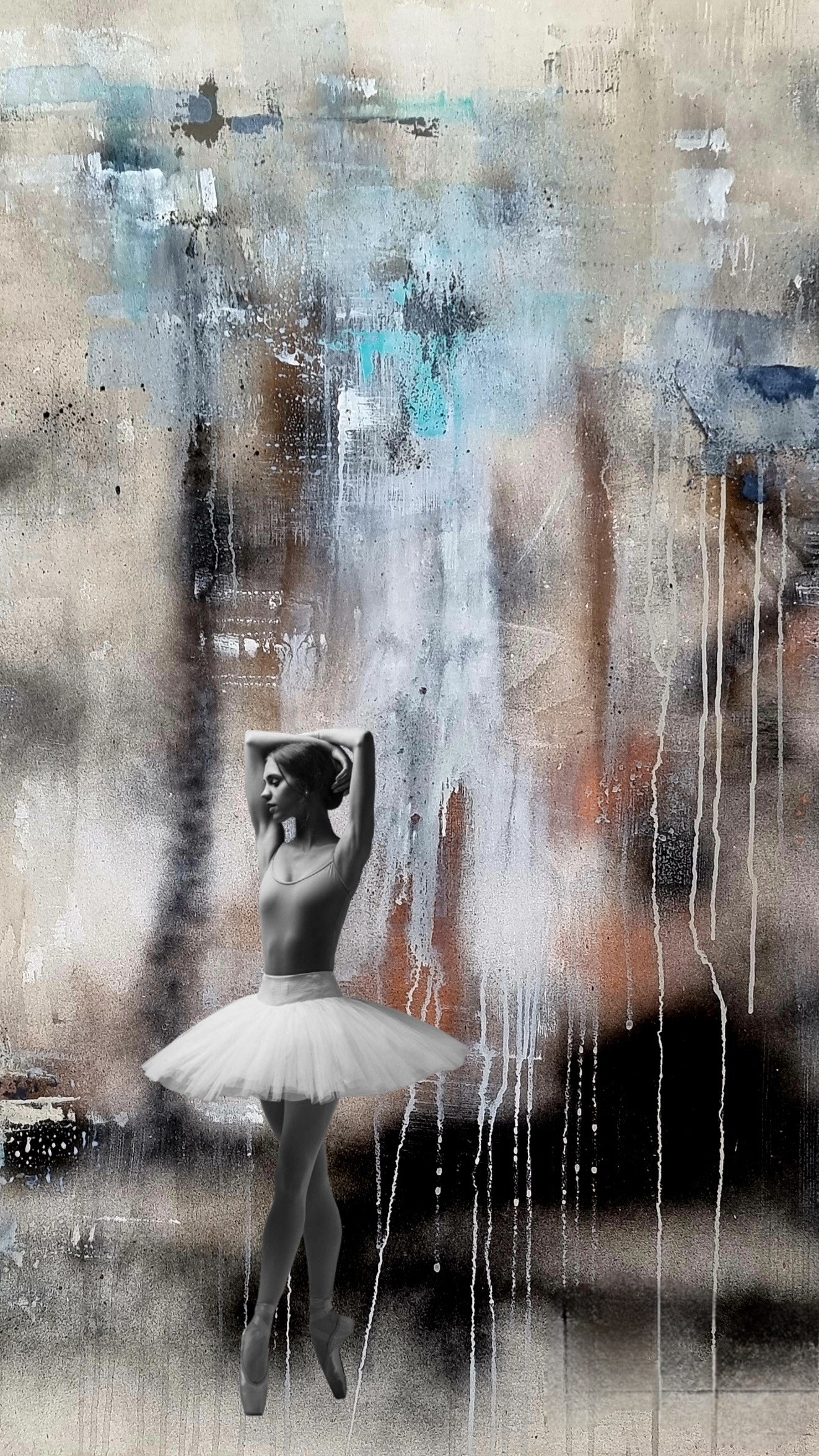 Ballet dancer in a tutu standing against an abstract, textured background with paint drips and splashes.