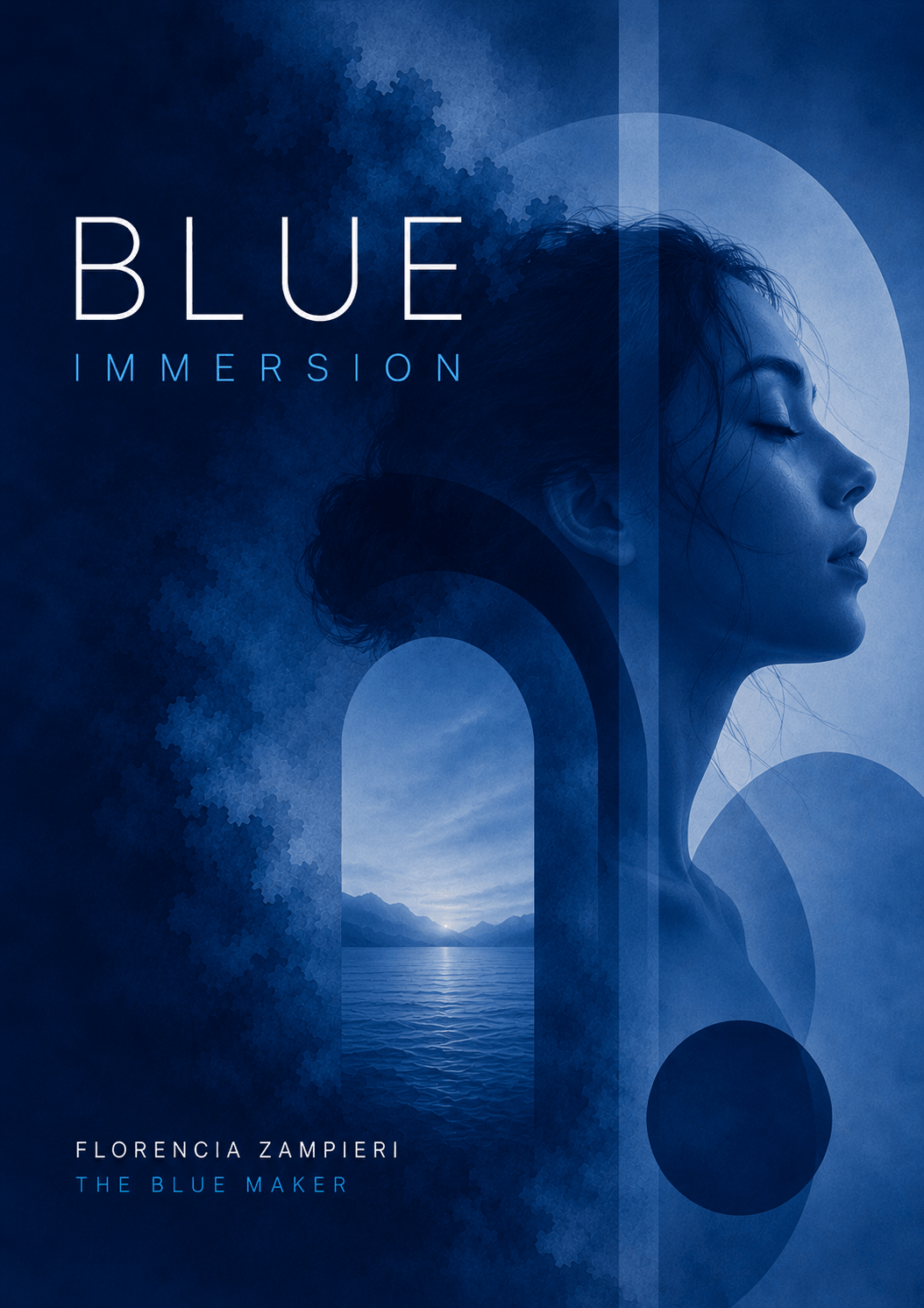 Profile of a woman against a blue sky and water, with text 'Blue Immersion' and author's name.