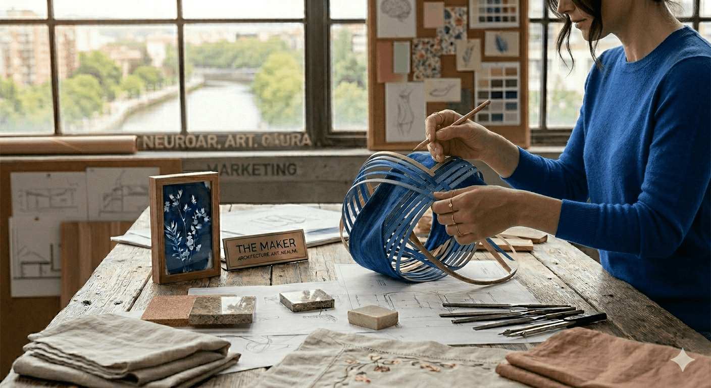 Person working with blue wire basket at a cluttered table in a room with large window and bulletin board.