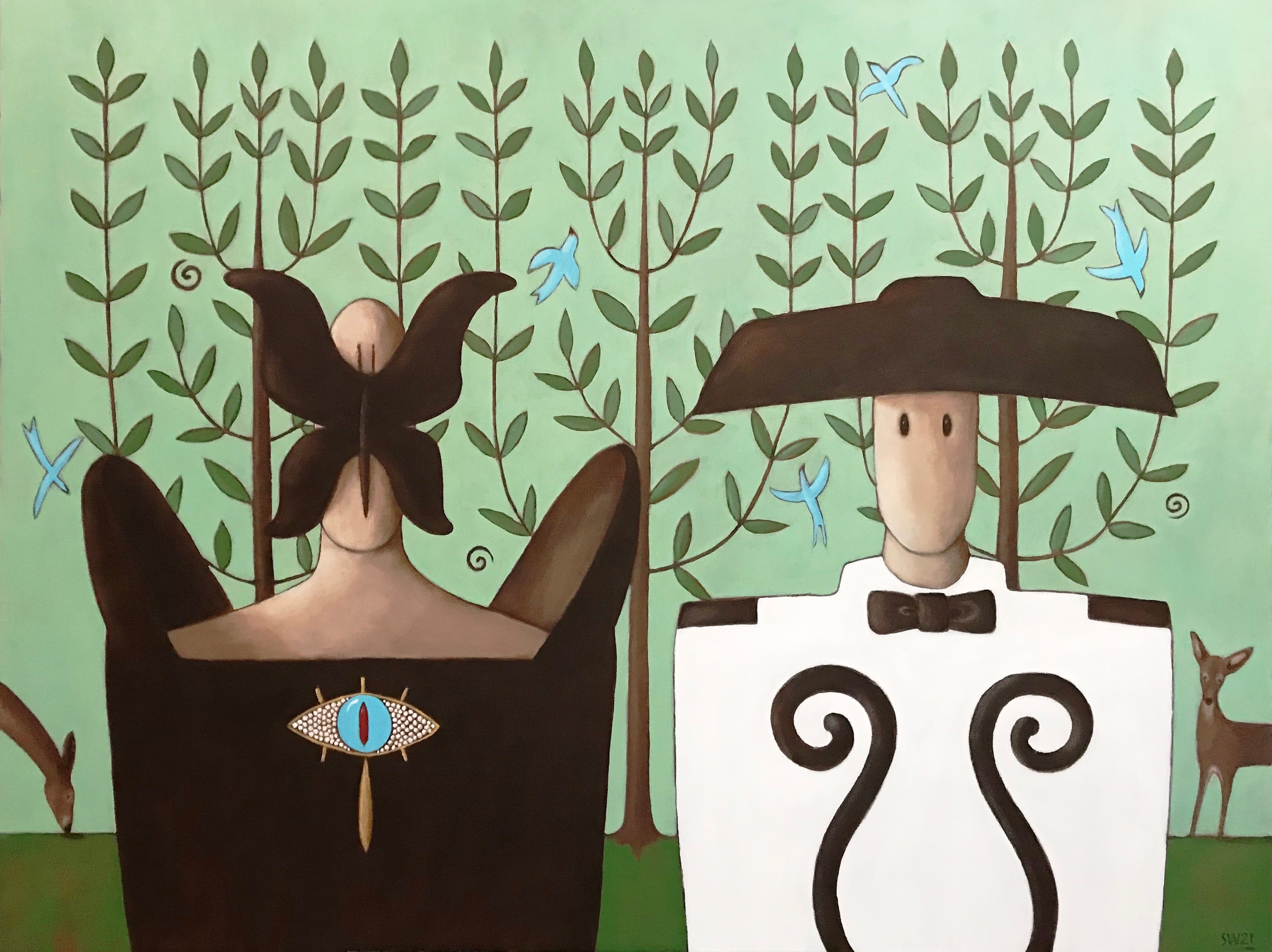 Two stylized figures with large hair and hats, surrounded by trees, birds, and deer, in a whimsical scene.