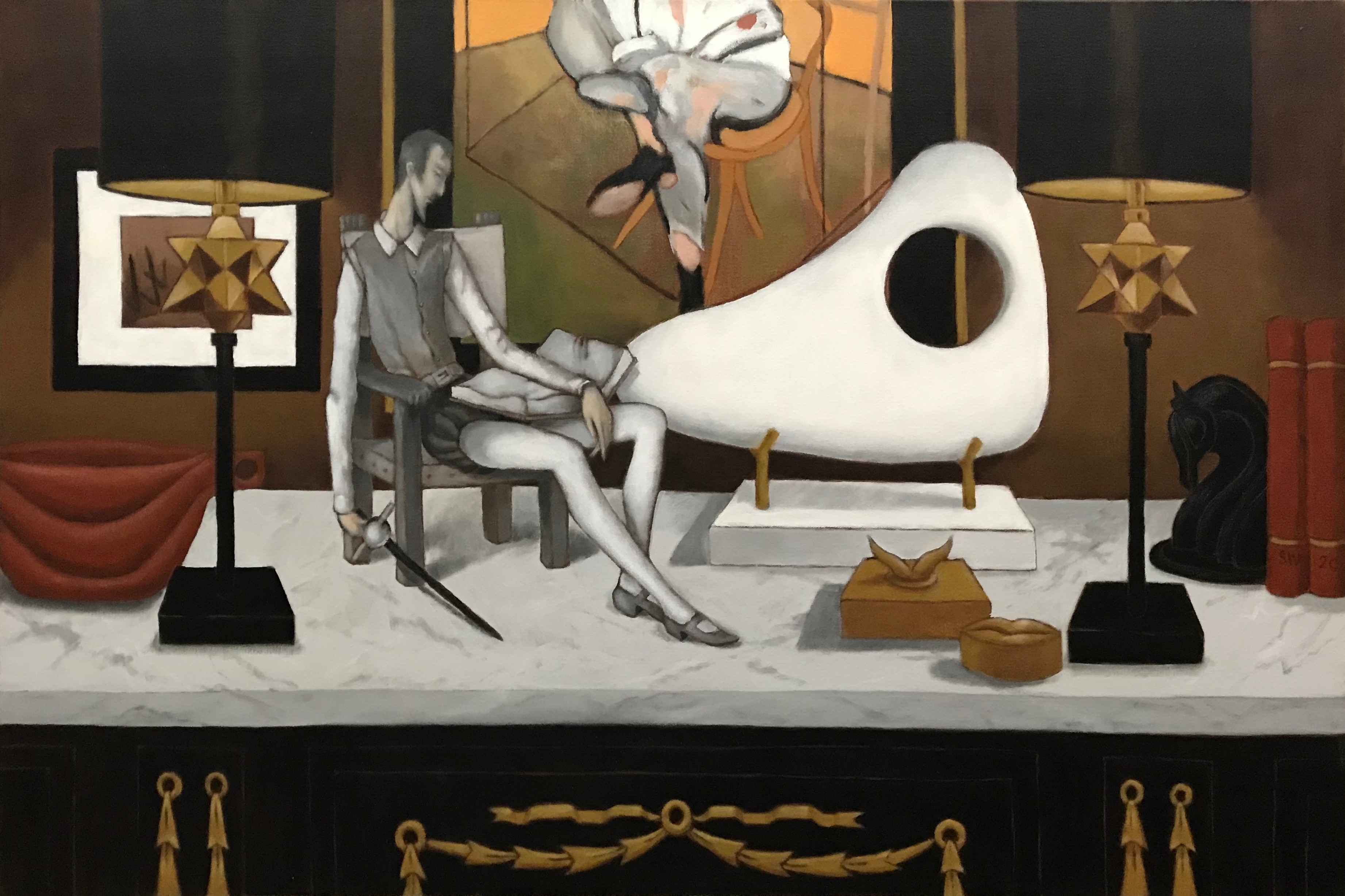 Person sitting on a chair with a white grand piano behind them, in a room with lamps and artwork.