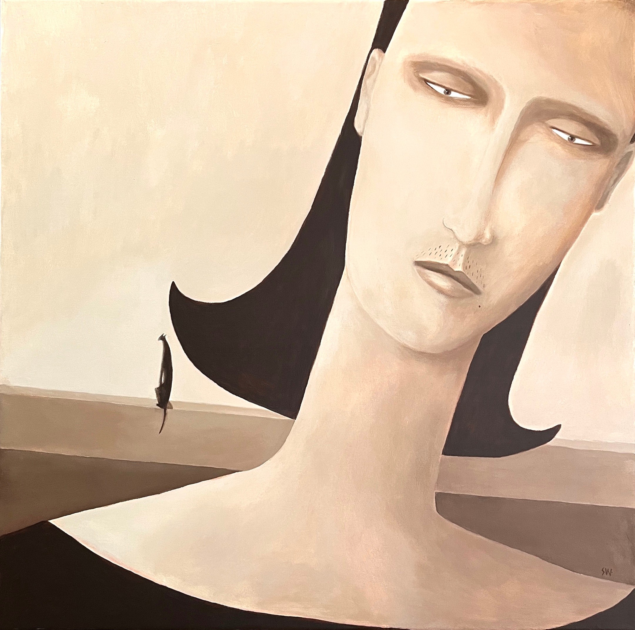 Large portrait of a woman with a serious expression, and a small person walking in the background.