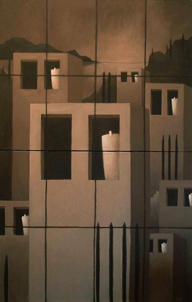 Abstract cityscape with buildings, windows, and candles, in muted tones, viewed from below, with a cloudy sky background.