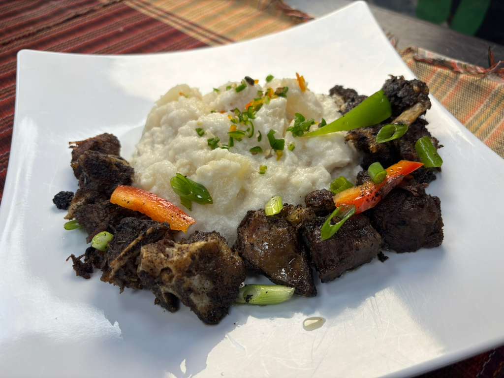 Plate with mashed potatoes, dark meat pieces, and garnishes on a white square dish.