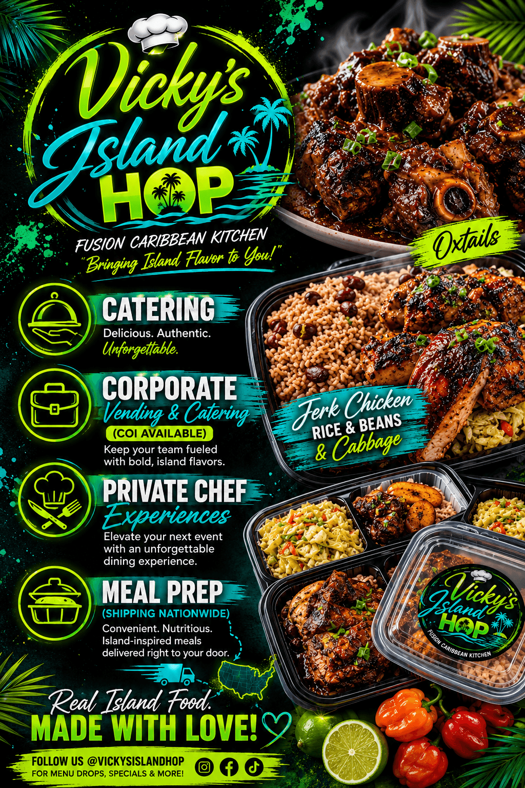 Menu for Dicky's Island Hop Fusion Caribbean Kitchen featuring jerk chicken, ribs, and sides, with colorful text and images of food.