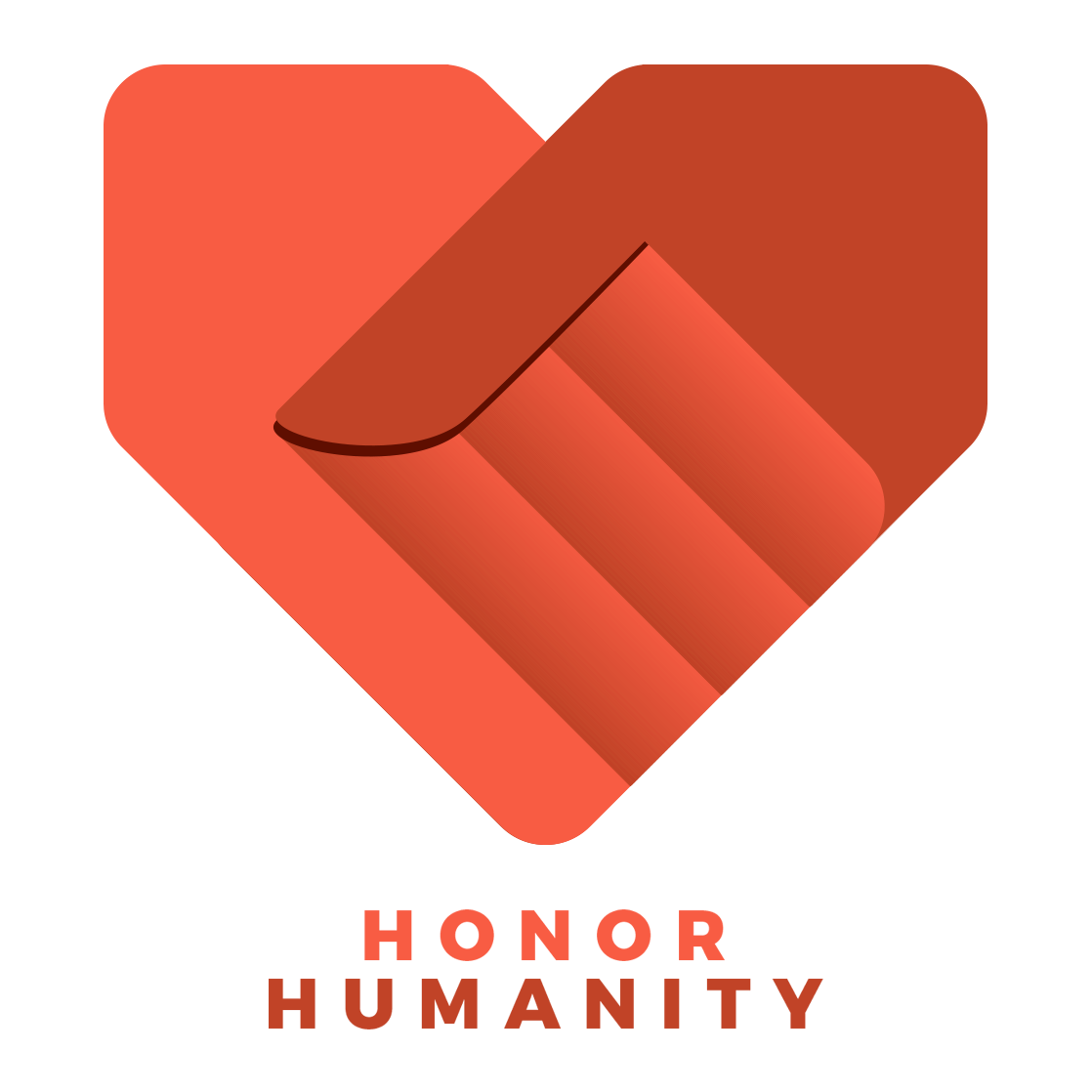 A stylized heart with a handshake inside, with the words 'HONOR HUMANITY' below, on a black background.