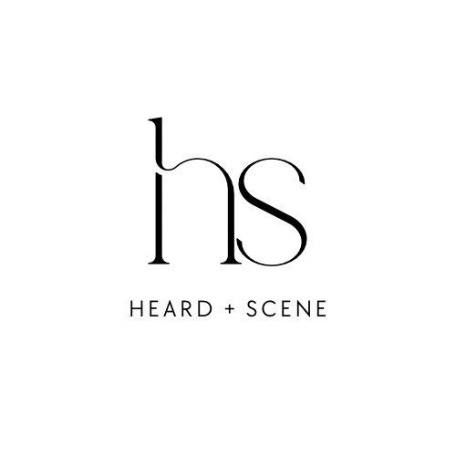 Logo with stylized letters 'h' and 's' above the words 'HEARD + SCENE'.